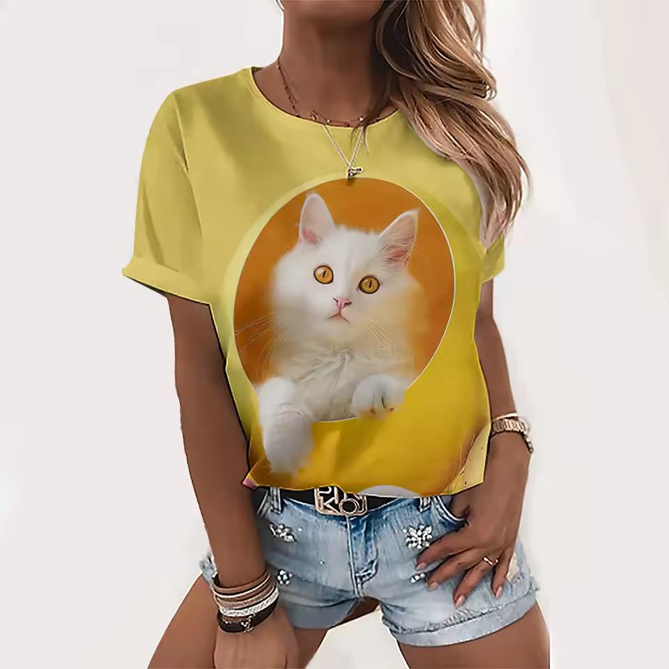 Women's Round Neck T-shirt Summer Casual Fashion Short-sleeved Top 3D Cat Print Animal Pattern Large Size Women's Clothing