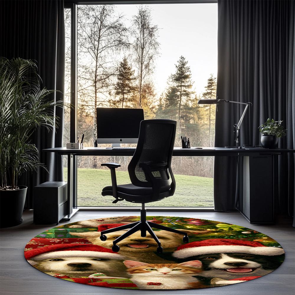 Christmas Dog Printed Round Rug Carpet Chair Rug Area Rug Entryway Doormats,for Office Chair Living Room Bedroom Kitchen Room.