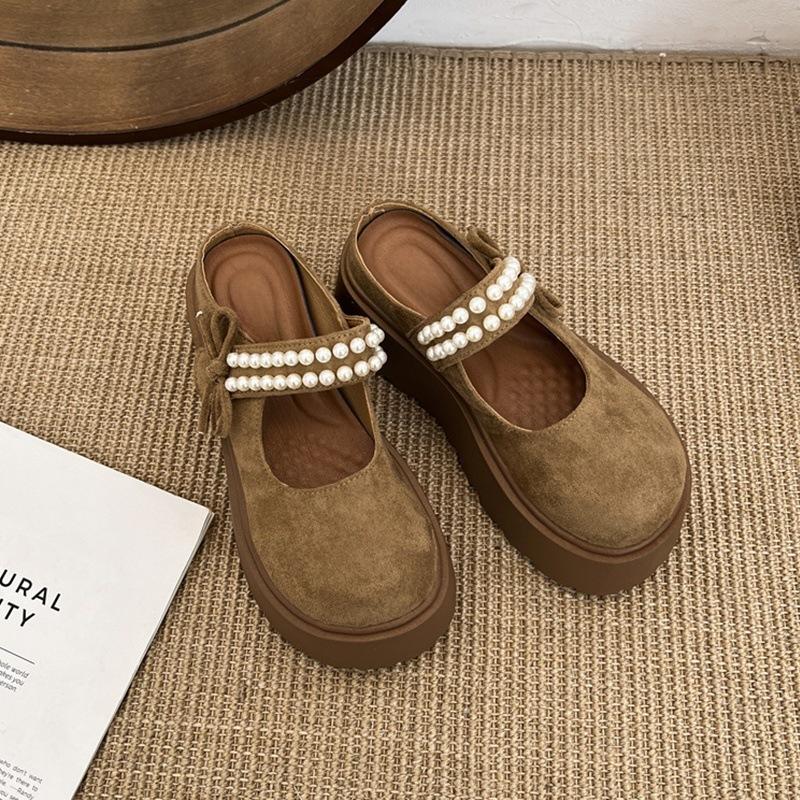 

Spring 2025 thick-bottomed bag head half slippers women s new bow pearl height increase small Mary Jane sandals 40 абрикосовый