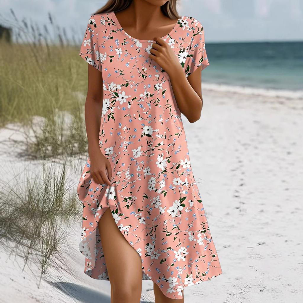 Short Sleeve Boho Dress For Women Casual Loose Fit Summer Sundress Floral Print Dress With Pockets