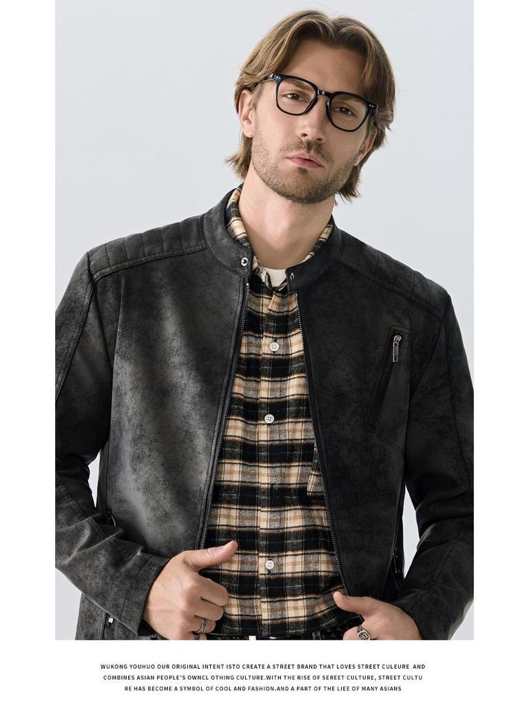 European American Retro Leather Jacket - Vintage Tie-Dye Washed Matte Coat