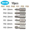 10Pcs Electric Hex Shank Screwdriver Bits PH1 PZ1 PH2 PZ2 PH3 PZ3 Magnetic Anti Slip 25mm For 1/4" Electric Hand Screwdriver