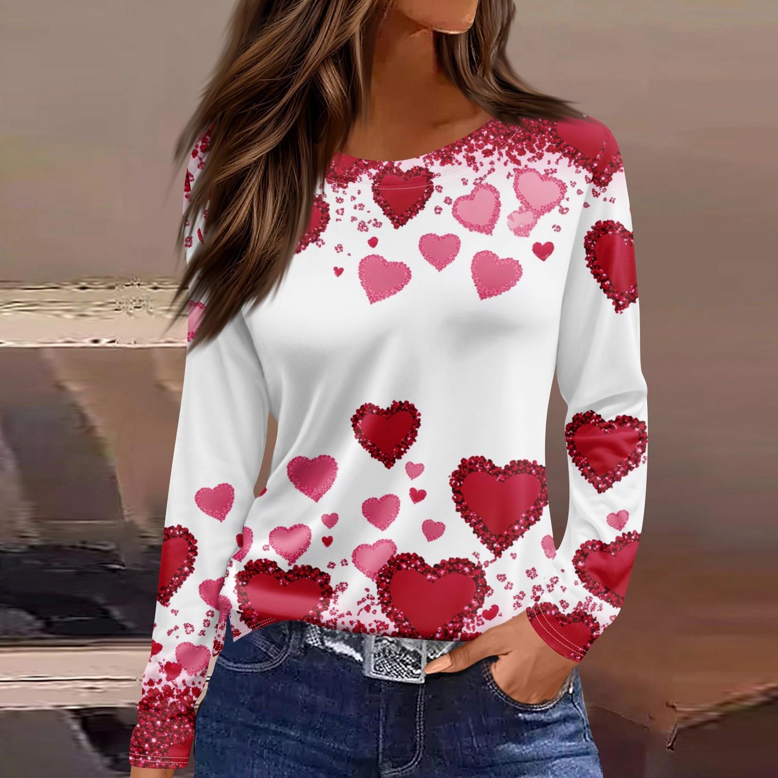 

Женская мода День святого Валентина принтованный круглый вырез повседневный длинный рукав топ S
