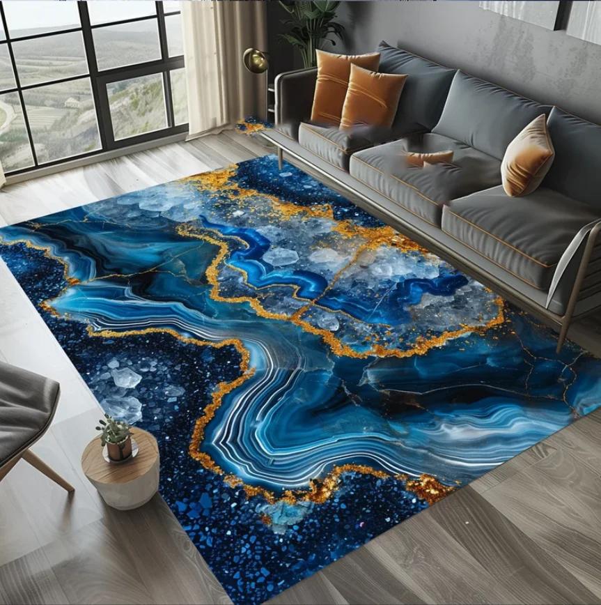 Black Marble Design Area Rug with Gold Accents Modern Carpet for Living Room Elegant Floor Mat Stylish Home Rug Gold Framed Rug