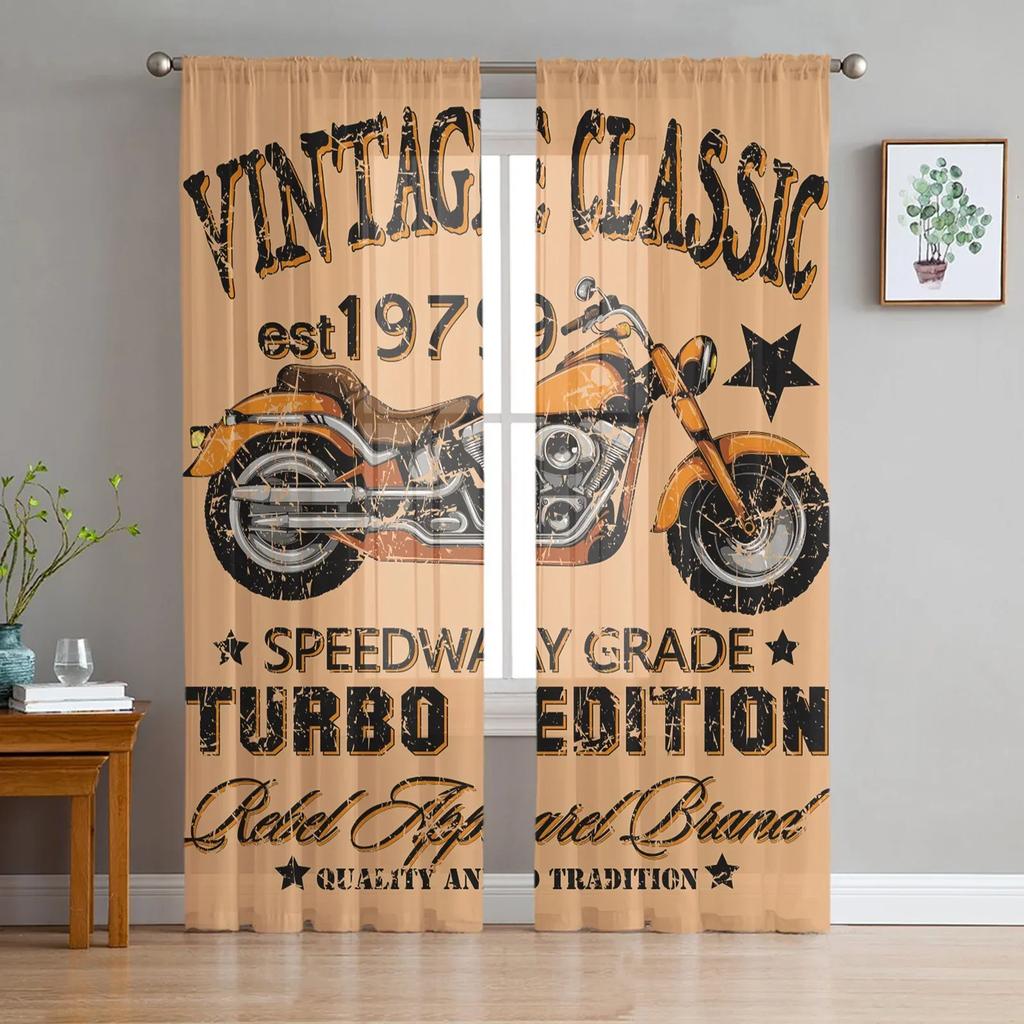 Cortinas Traslúcidas Vintage de Motocicleta para Ventana de Sala de Estar, Cortinas de Tul para Dormitorio, Cocina, Decoración del Hogar, Cortinas Voile