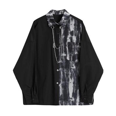 Primavera Otoño Nueva Moda Cuello Vuelto Manga Larga Tie Dye Blusa Ropa de Hombre Patchwork Cadena Botón Camisas Tendencia Coreana