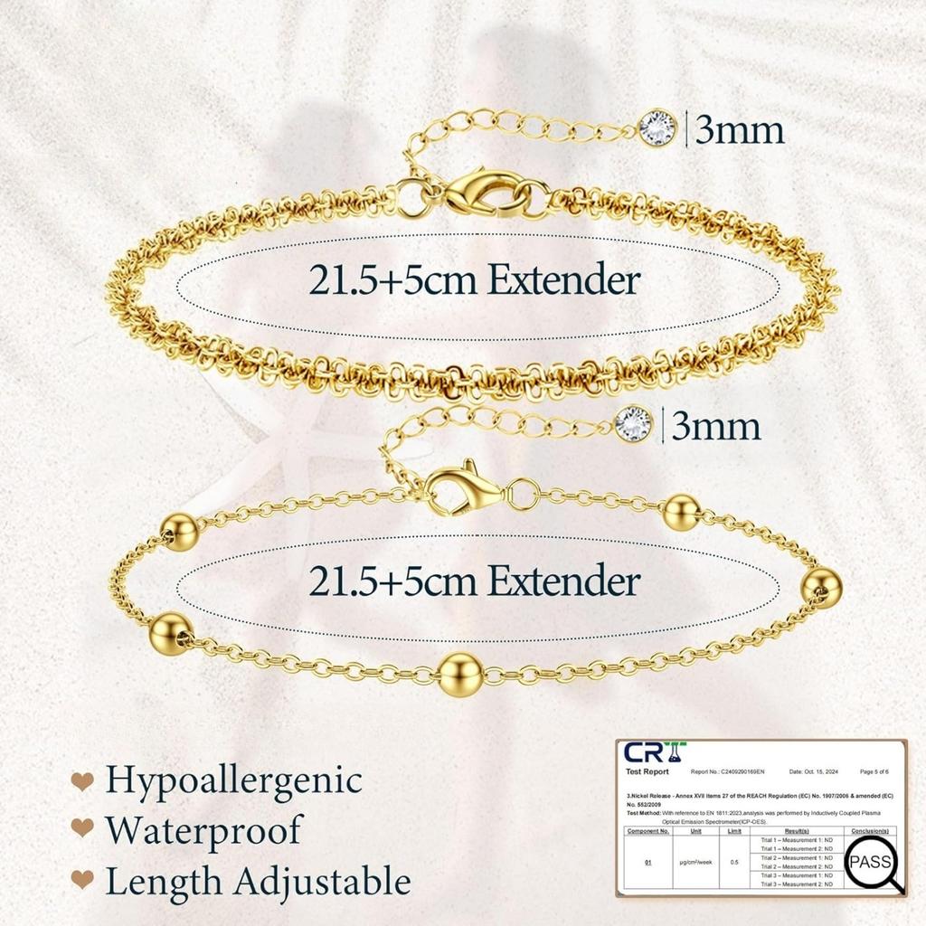 Bobisty Gold Plated Ankle Bracelets for Women Adjustable Anklets Waterproof Dainty Layered Ankle Chains Beaded Rope Link Beach