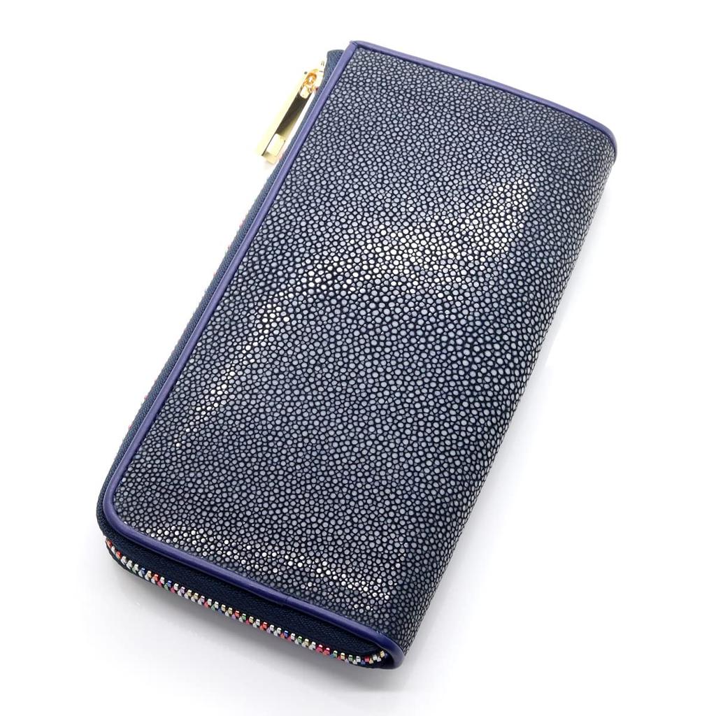 Levetta Rochenleder Langes Portemonnaie, YKK Mix Farben, L-Reißverschluss, Galuchat und Rochen Designs, Marineblau, Für Damen und Herren, Echtes Leder