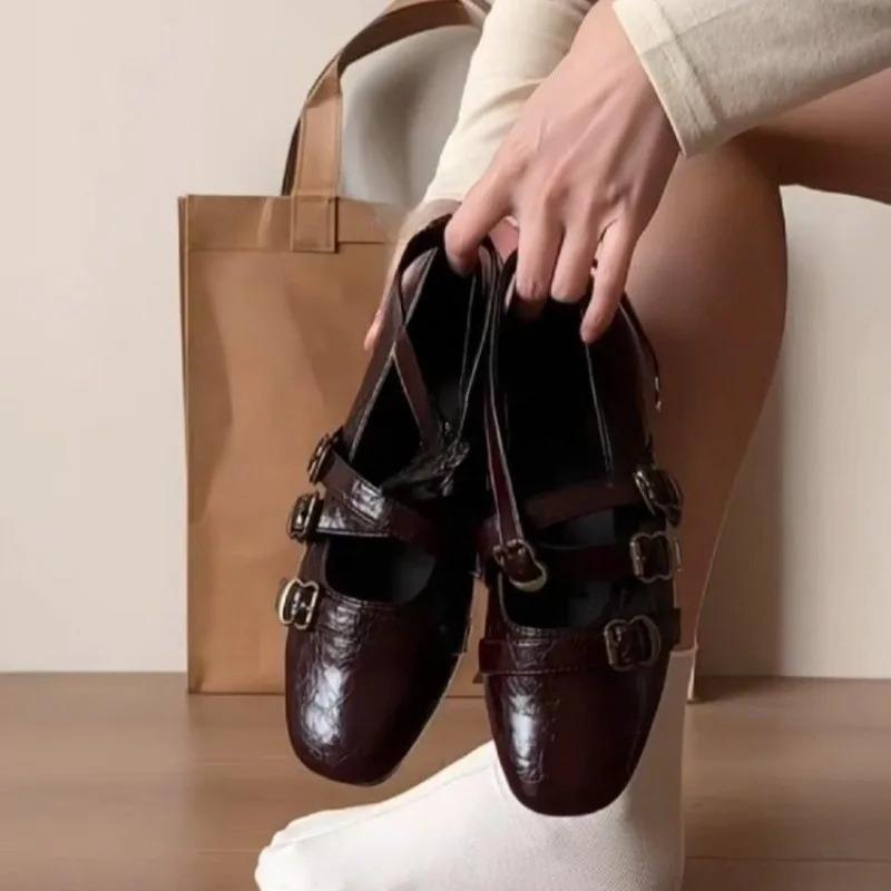 Fashion Retro Heightened Casual Shallow Single Shoes for Women 2025 New Cross Buckle Square Toe Versatile Korean Version Mary Jane Shoes