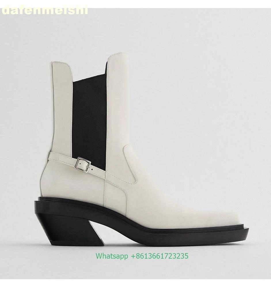 2025 Neue Cowboy-Stiefel mit quadratischer Spitze und hohen Absätzen, kurze Stiefel aus schwarzem/weißem Leder, Chelsea-Boots, Motorradstiefel aus echtem Leder