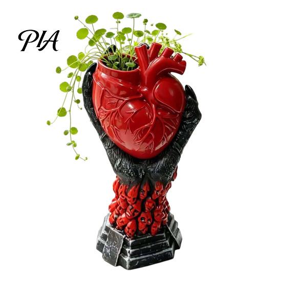 Devil Palm Flower Pot Hand Holding Human Heart Organ Vase, Gothic Anatomical Shaped Skull Base Ornament Spooky Halloween Desktop for Living