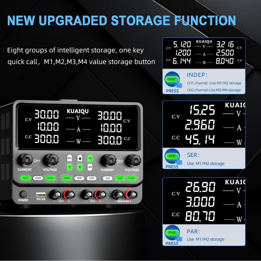 Dual Channel Power Supplies KUAIQU 30V 10A 4 in 1 Indep series parallel OCP & OVP Data storage Panel lock, output switch, encoder knob SPPS3010-2KD