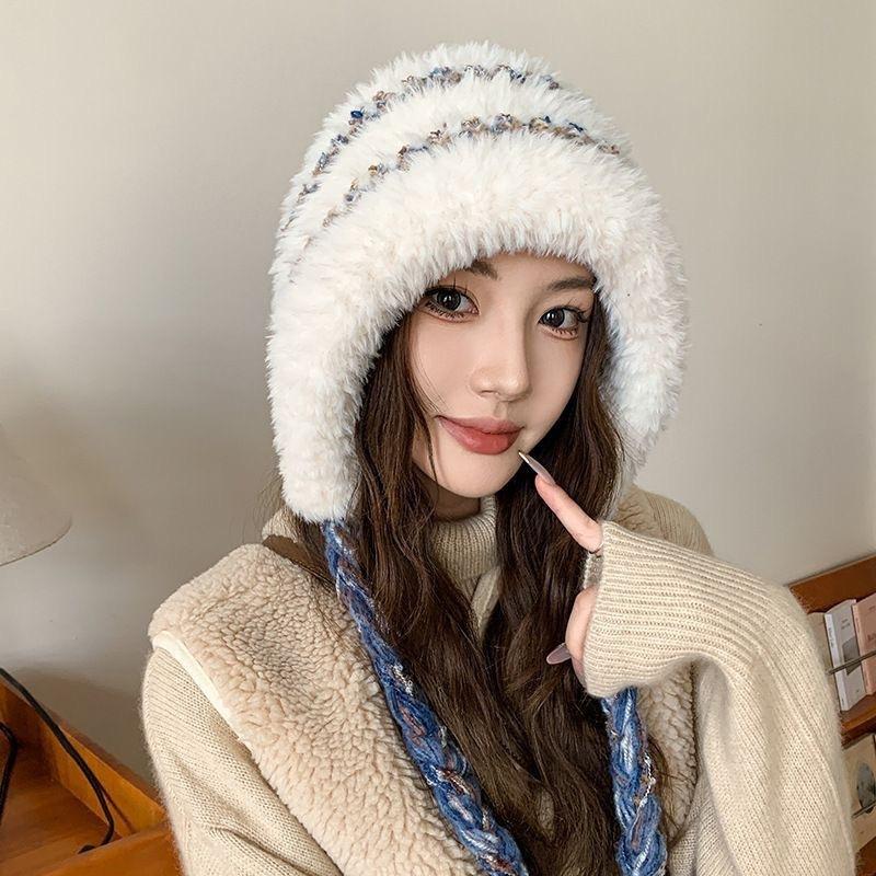 Plush Thermal Ear Hat Women's Autumn and Winter Big Head Circumference Cute Cold-proof Versatile Knitted Hat Showing Face Small Maillard