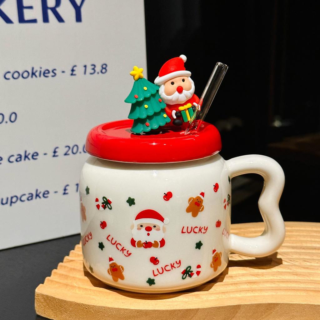 Cute Cartoon Santa Claus Ceramic Mug with Lid High Looking Straw Cup Christmas Gift Souvenir