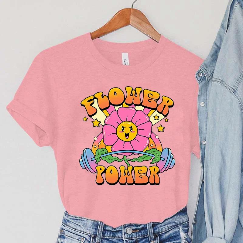 Power of Flowers Printed T Shirt Harajuku Hip Hop Funny Tee Women Streetwear Tshirt Top for Sweet Girls T-shirt Ladies Clothing