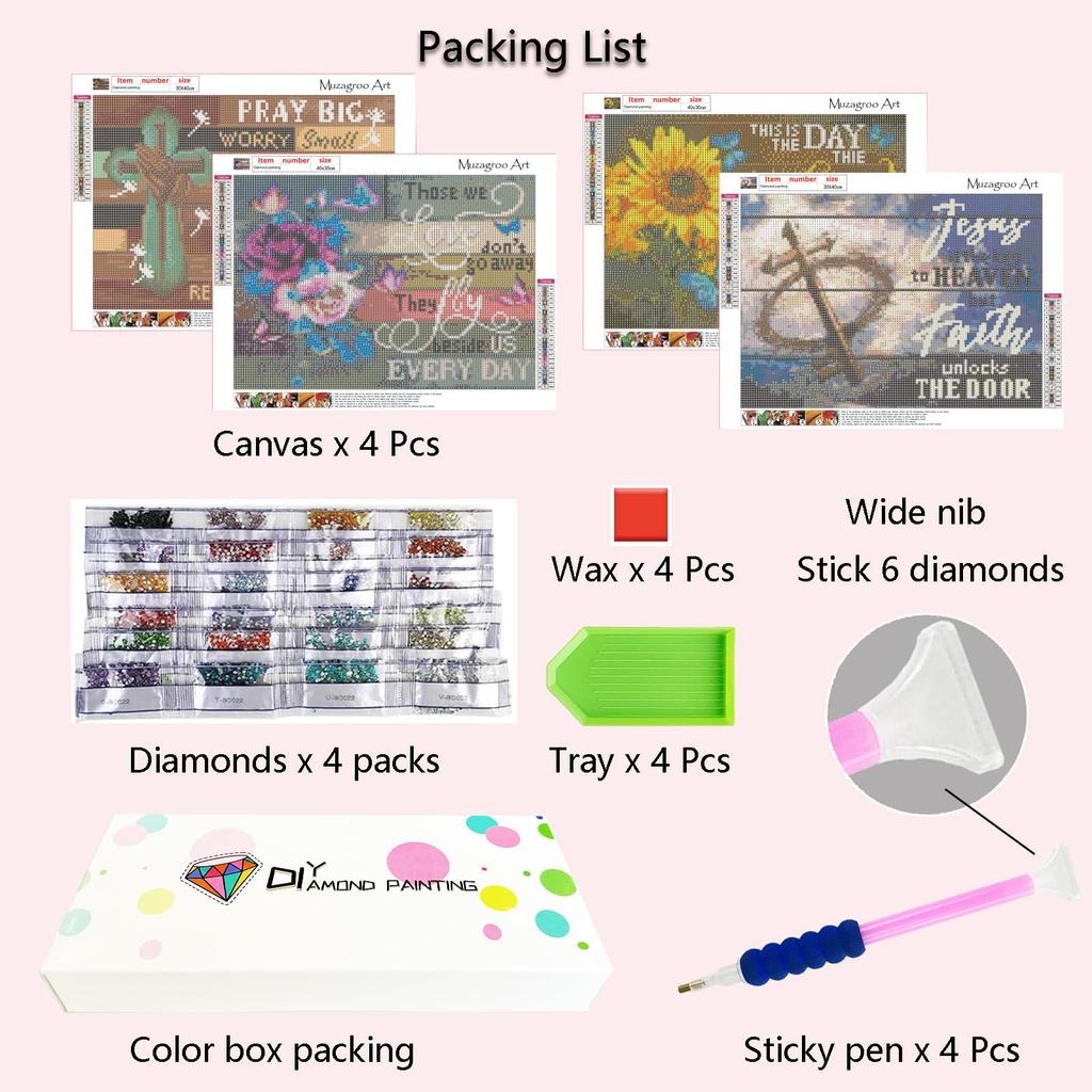 Fokenzary Adult Diamond Painting Kit, DIY Prayer 5D Diamond Art Set for Beginners, Kids Room, 4-Piece Wall Art