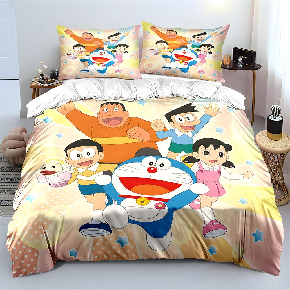 D-Doraemon mit Freunden Bedrucktes Bettwäscheset für Kinder Jungen Mädchen Neue 3D-Bedruckte Bettdecke Bettbezug Kissenbezug Schlafzimmer Dekor