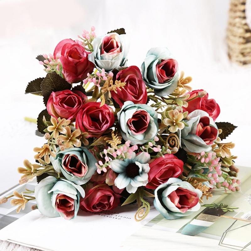 1 bunter Roser Kunstige blomster Daisy Silke Blomster Bukett for Hjem Innendørs Veranda Vindu Bryllupsbord Midtpunkter Vase Dekor