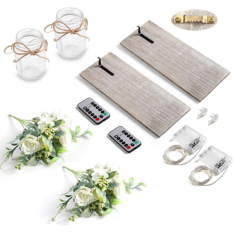 1 Set Modern Farmhouse Wall Decor, Rustic Wall Art Living Room Decor with Led Fairy Lights and Rose Flowers, Country Home Decor Gifts