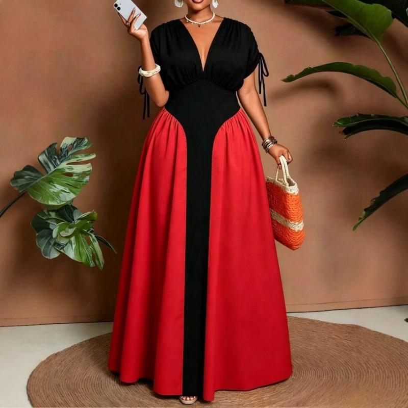 Plus Size V Neck Color Block Waist Cinched Midi Casual Dress For Women