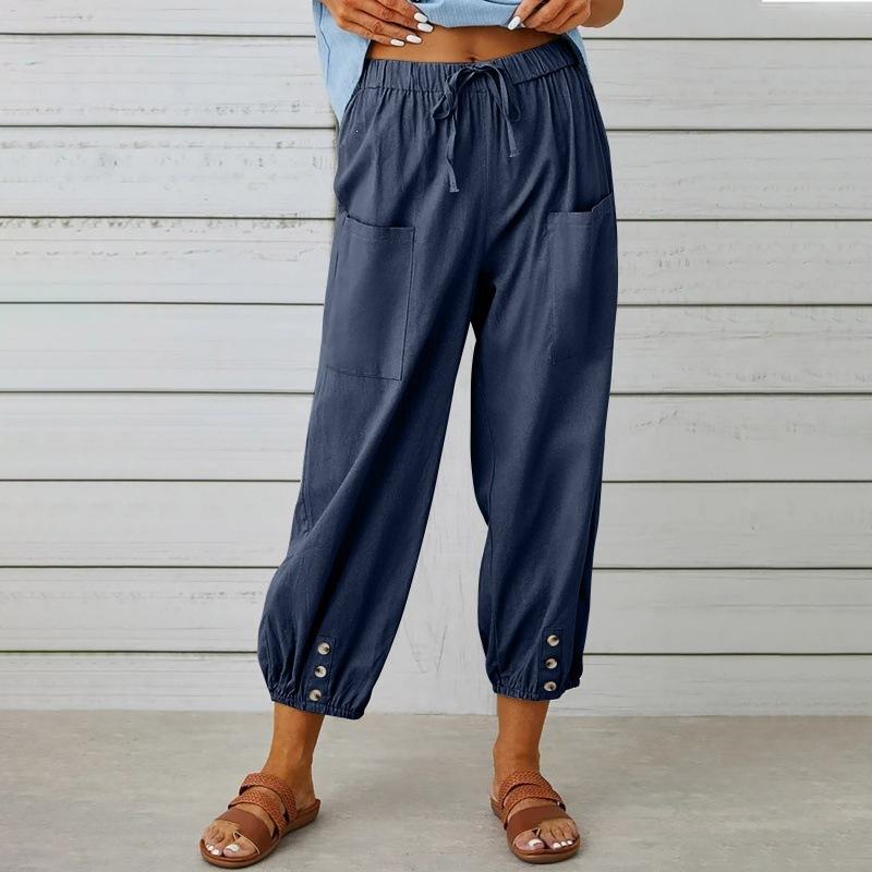 Women's High Waist Linen Pants Loose Fit Cropped Trousers Solid Drawstring Button Casual Fall Harem Pants