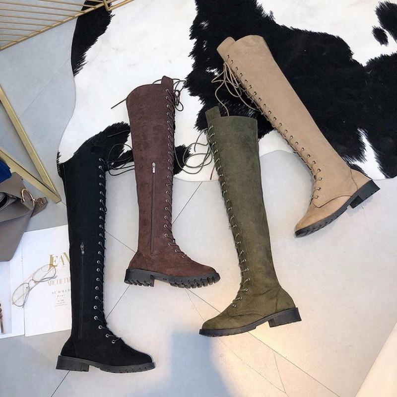 

Casual round head square heel low heel knee boots lace-up suede 34 зелёный