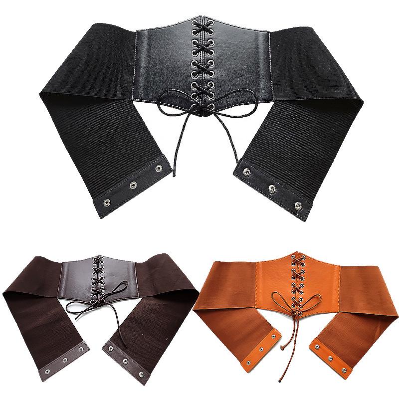Women's Elastic Waistband Wide Leather Belt, Black, Versatile Fashion Lace-up Dress Accessory