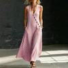 Women's Casual Sleeveless V Neck Maxi Dress with Vertical Stripes Button Detail Side Pockets Comfortable Loose Fit Summer Dress