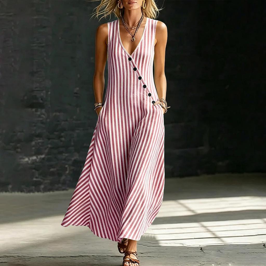 Women's Casual Sleeveless V Neck Maxi Dress with Vertical Stripes Button Detail Side Pockets Comfortable Loose Fit Summer Dress