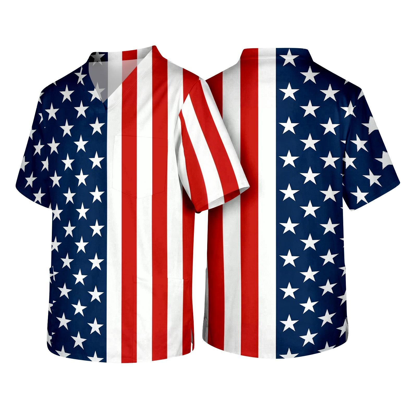

Men s Short Sleeve V Neck Pocket Scrub Top with Star Print and Striped Pattern Suitable for Healthcare Professionals Workwear S