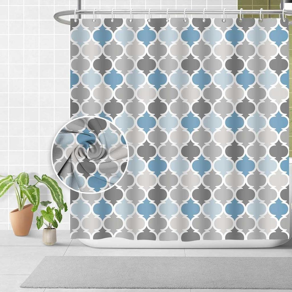 Blue and Grey Shower Curtain for Bathroom, Gray White Bohemian Chic Fabric Geometric Pattern Shower Curta for Men or Women, Teal and Grey Bohemian