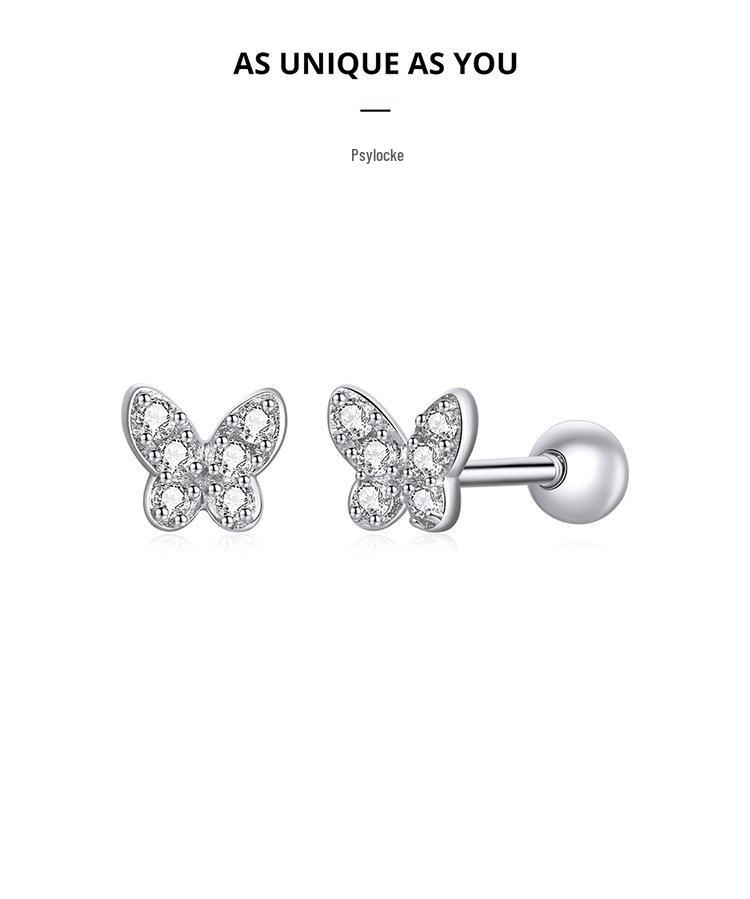 Sterling Silver S925 Simple Butterfly Earrings with White Gold Plated Zircon