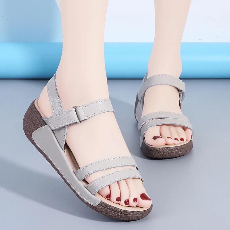 Summer Thick Bottom Genuine Leather Sandalias Ladies Soft Non-Slip Wedges Shoes Fashion Lightweight Wedge Heels Sandals Women