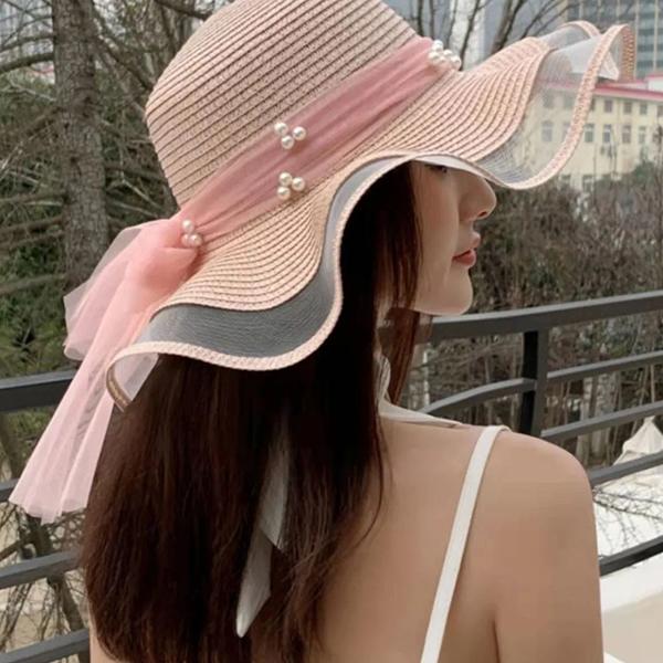 WTEMPO Pearl Straw Hats Women Summer Beach Seaside Vacation Sunshade Holiday Sunscreen Big Brim Sandal Hat Solid Sun Hats