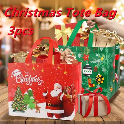 3pcs Christmas Gift Bag Large Size with Handles Reusable Tote Bags Waterproof Grocery Shopping Bags Non-woven Bags for Xmas Holiday Party Supplies