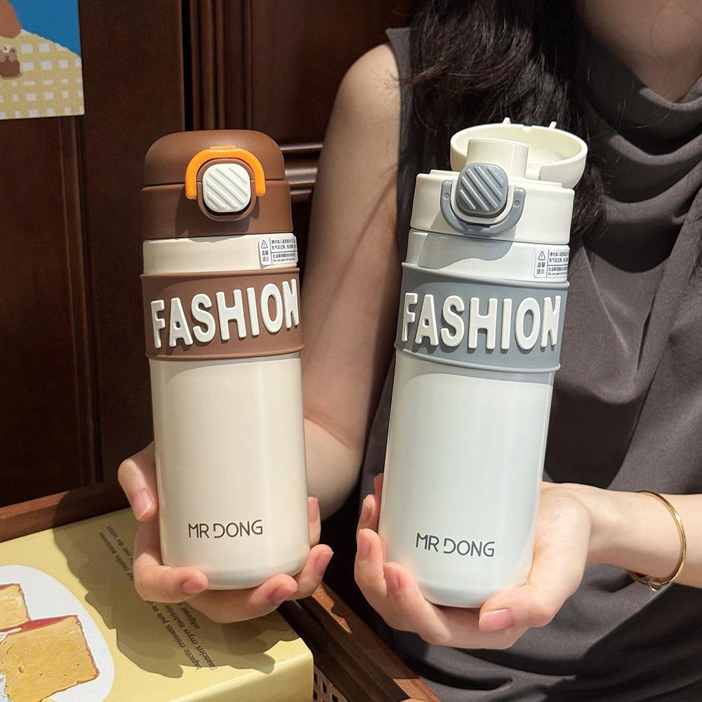 New letter stainless steel thermos cup high value double drink straw cup creative men's and women's sports portable car water cup