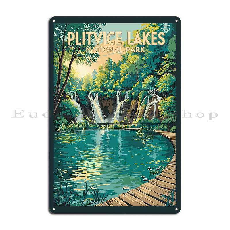 Plitvice Lakes National Park Illustration Travel Art Vintage Metal Plaque Poster Iron Club Kitchen Living Room Tin Sign Poster