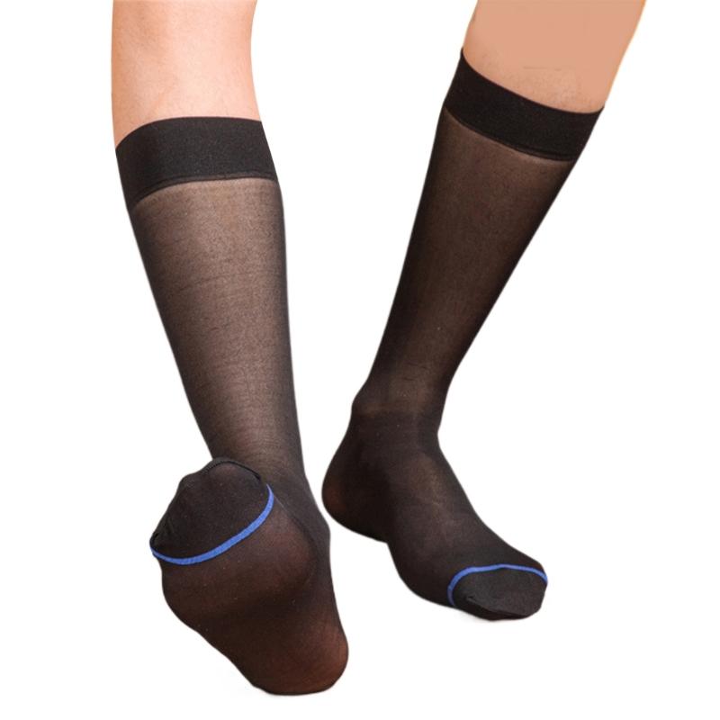 Mens Nylon Sheer Thin Suit Socks Business Dress Socks Blue Striped See Through Formal Dress Over the Calf Stockings