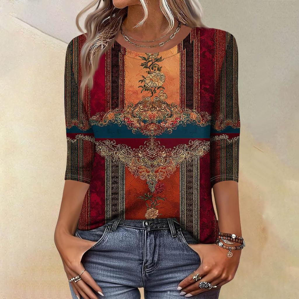 Trendy Vintage 3/4 Sleeve Top For Women,Ladies Casual Three Quarter Sleeve Round Collar Printed T-Shirt Blouse