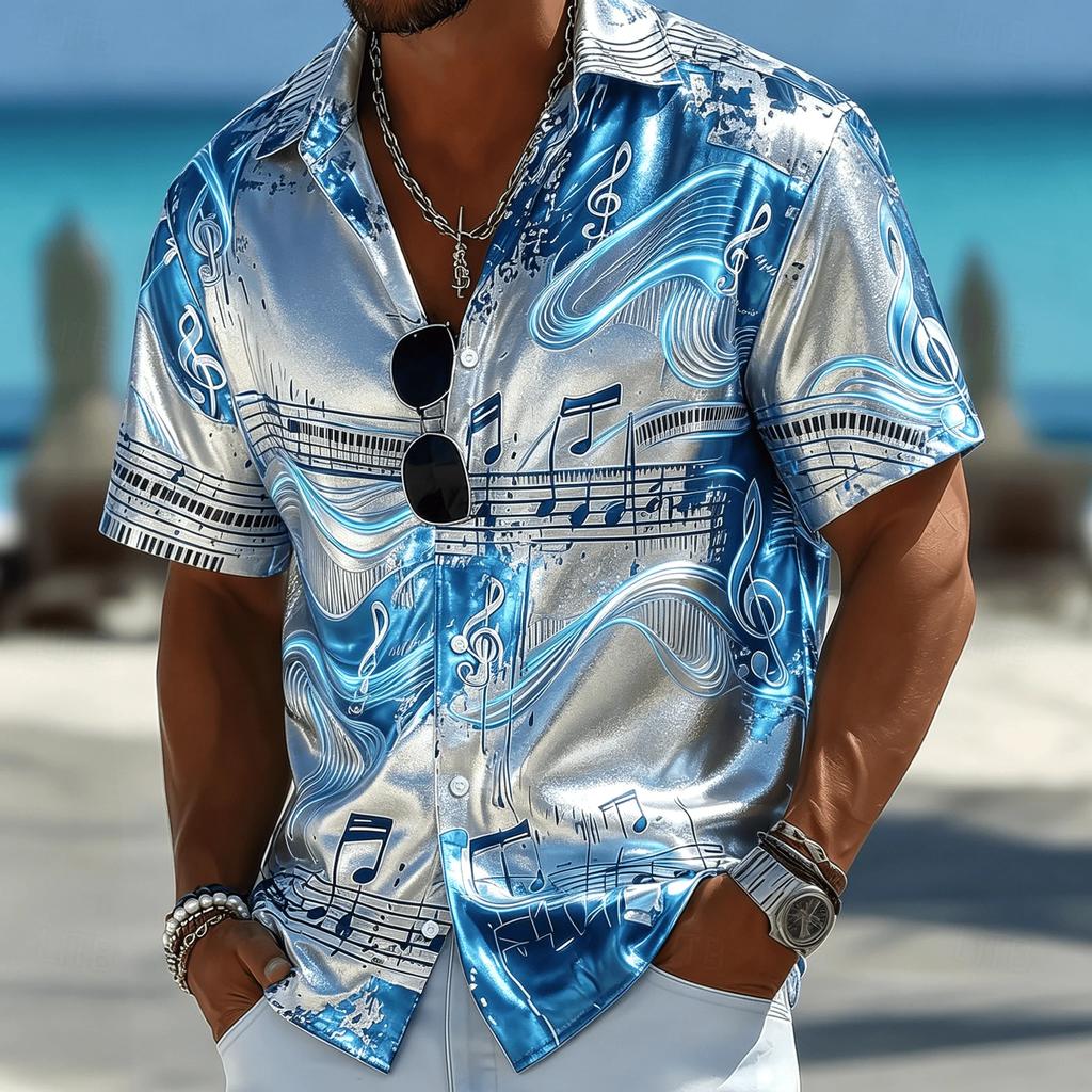 Music Note Print Short-Sleeve Shirt, Stylish Metallic Casual Men's Shirt