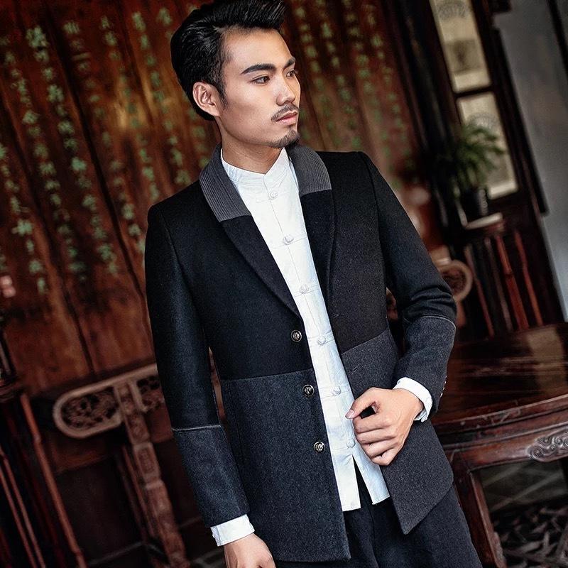 Spring and Autumn Men's Woolen Coat Qinggu Collar Suit Collar Middle-aged Woolen Match Men's Coat Thin Trench Coat