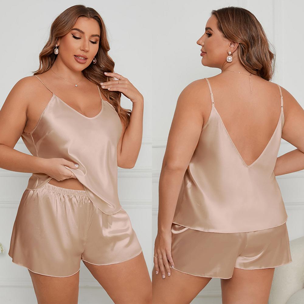 

Плюс Размер Женский Новый Ледяной Шелк Сексуальный V-образный вырез Шорты Пижамный Комплект 5XL шампанского