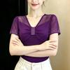 New 2026 Summer V-Neck Short Sleeved Women's T-Shirt Fashion Sexy Hot Diamonds Mesh Tees Streetwear Girl Slim Tops Blouse