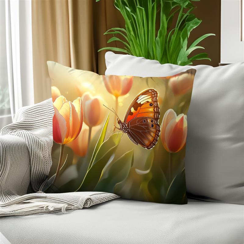 1Pc Butterfly And Tulips Pillow Cover For Home Living Room Bedroom Sofa Office Decorative Pillowcase Soft Throw Pillows 45X45Cm