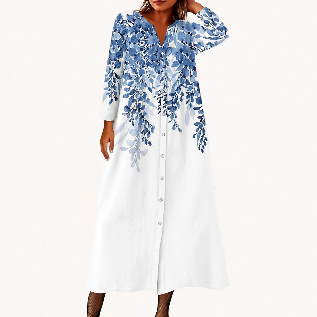 Women's Fashionable Printed Round Neck Seven Quarter Sleeve Button Loose Shirt Dress