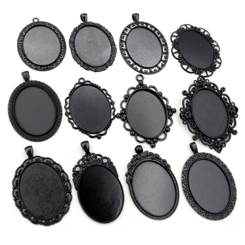 5pcs 30x40mm Inner Size Antique Silver Plated and Bronze and Black Cabochon Base Setting Charms Pendant