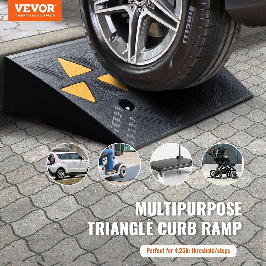 Rubber Curb Ramp 4.25" Rise Height Sidewalk Curb Ramp, 11.8" Width 19.7" Length Driveway Ramp for Curb, 15T Heavy Duty Rubber Ramp for Forklifts,