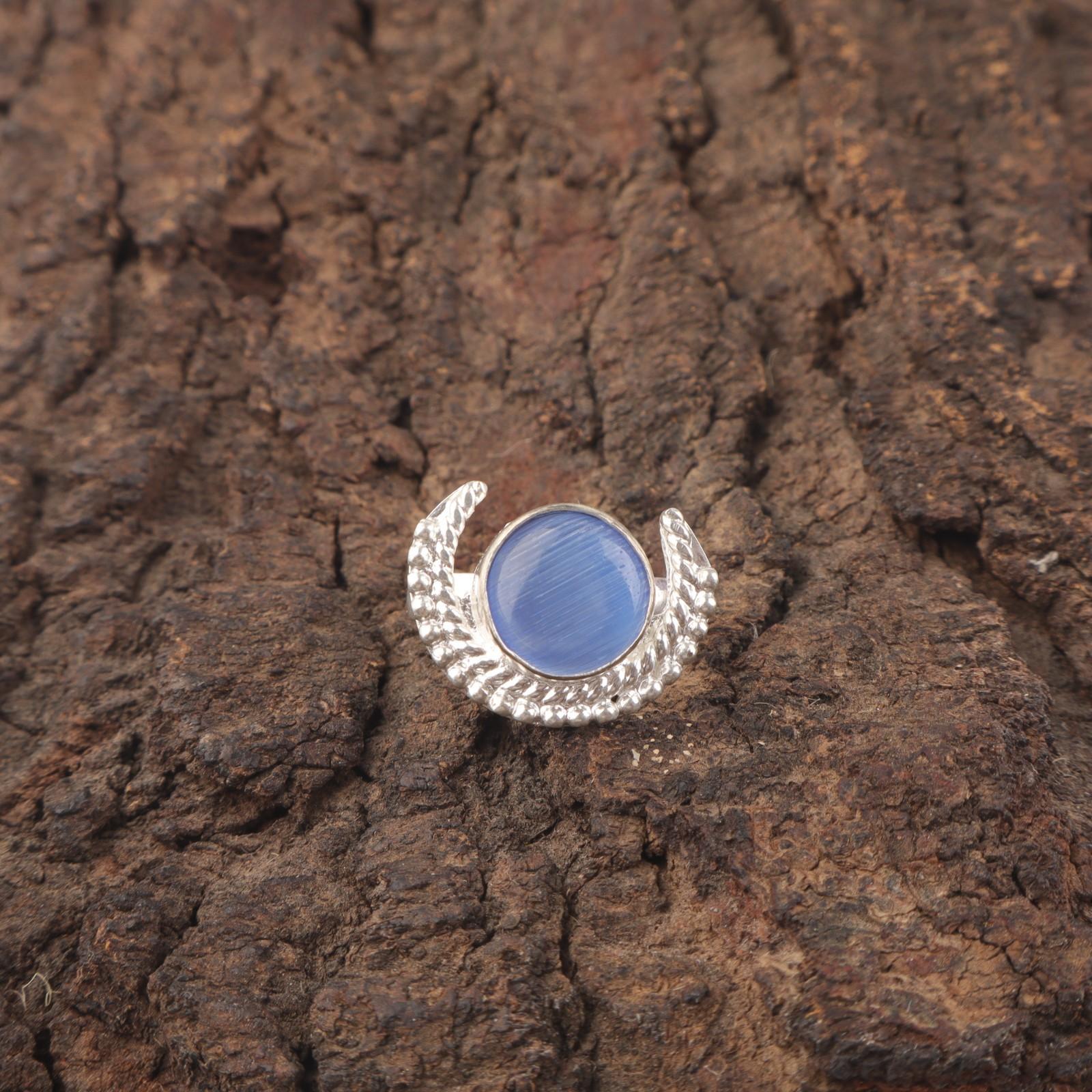 

Round Dark Blue Cat s Eye Stone Sterling Silver Cocktail Ethnic Engagement Ring RR-48-41 15