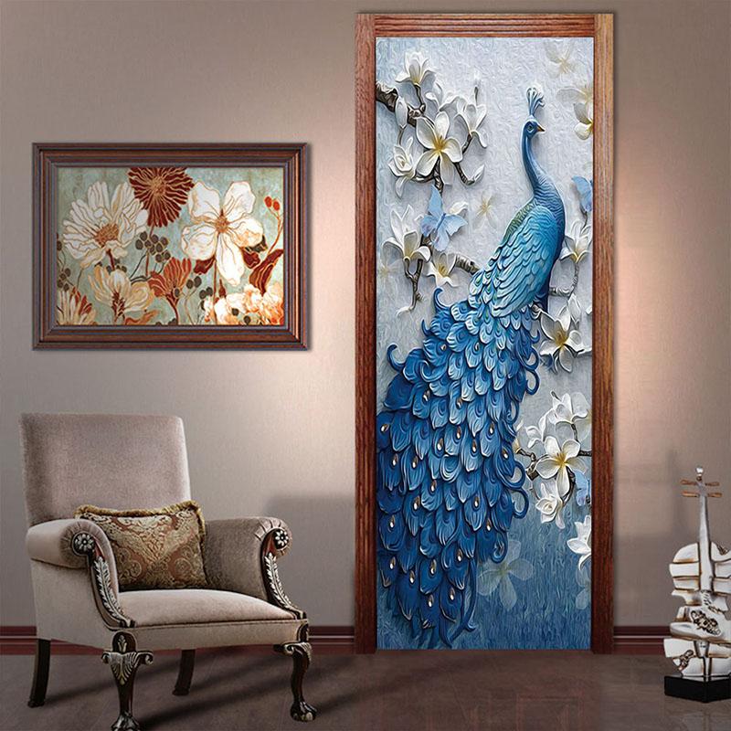 Imitation 3D Peacock Three-dimensional Door Sticker Home Decoration Stickers,PVC Waterproof Self-adhesive for Living Room Bedroom