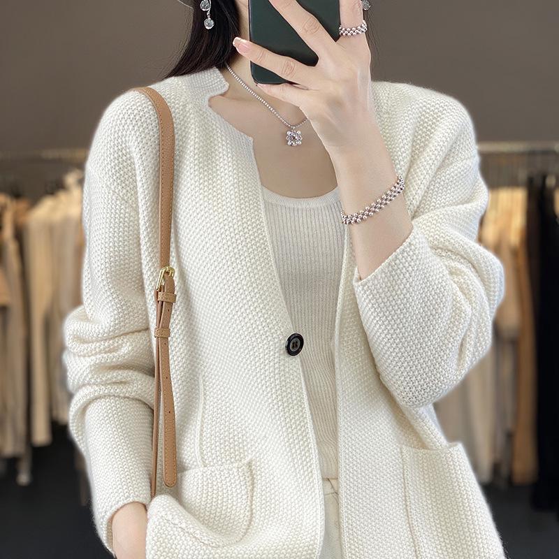 Cozy 100% Wool Knitted Stand-Up Collar Cardigan - Women's Spring & Autumn Loose Outerwear, Versatile Fashion Sweater